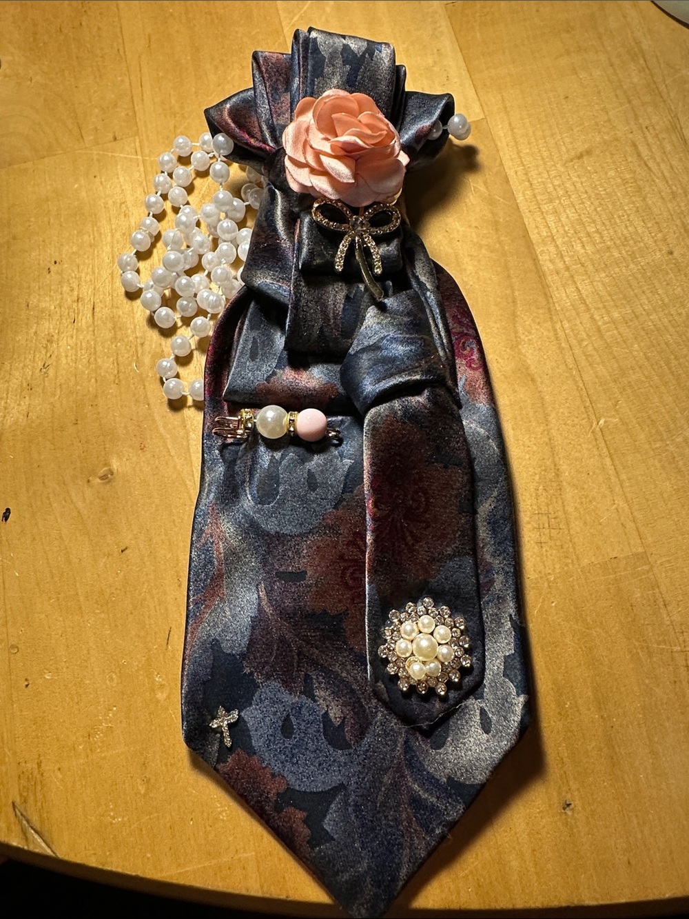 Elegant Navy Blue Floral Silk Necklace Tie with Brooch with Peach Rose
